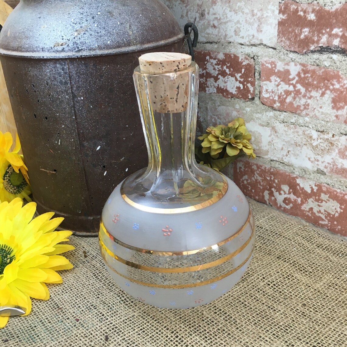 Vintage glass carafe with frosted glass gold stripes and Etsy