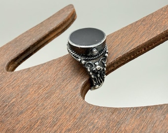 Vintage Sterling Silver Poison Ring Black Onyx Size 8.25 Gothic Ornate Ring