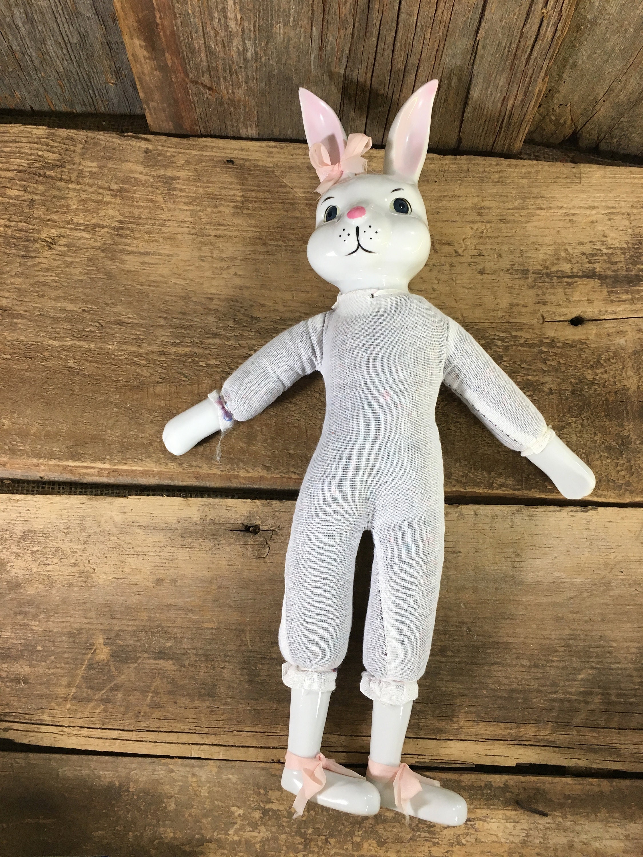 Vintage rabbit doll, ceramic-porcelain soft body doll, beautiful rabbit