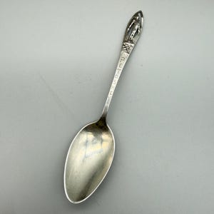 May include: A silver spoon with a detailed handle featuring a figure and the engraved word "PETOSKEY". The spoon has a polished bowl and is set against a gray background. A collectible souvenir.