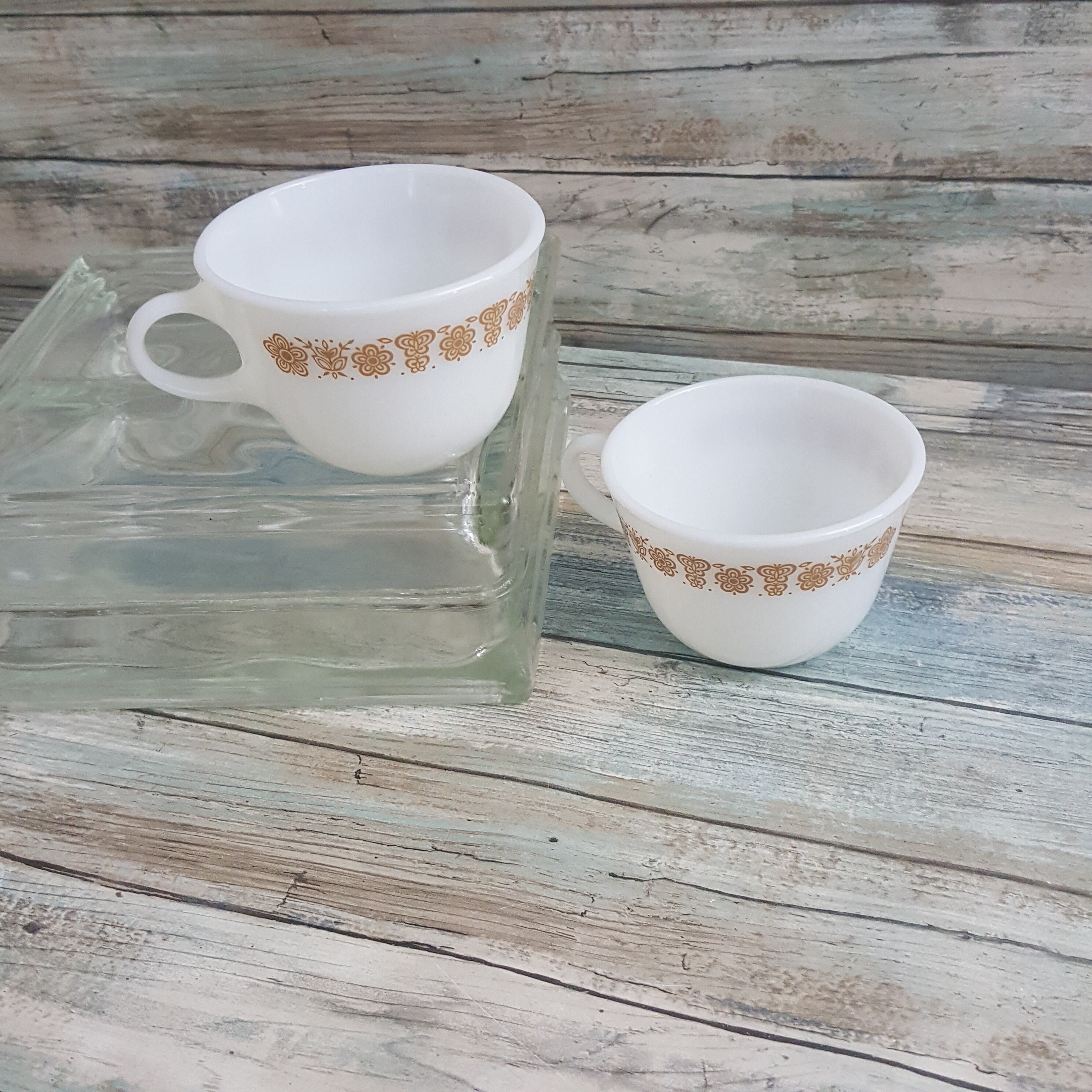Vintage Pyrex coffee cups, pair of butterfly gold Pyrex
