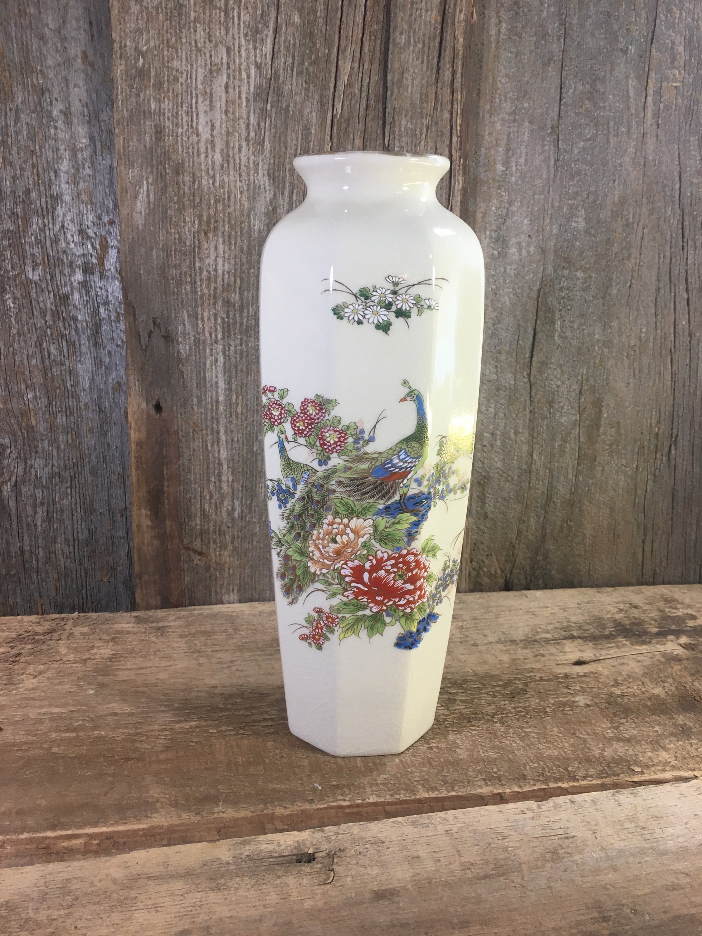 Vintage Ray Control Octagon Peacock Vase Beautiful Satsuma Style