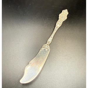 May include: A silver-toned butter knife featuring an ornate, embossed floral pattern along the handle and a curved, smooth blade. The metal surface displays a polished finish with intricate detailing extending from the tip of the handle down.