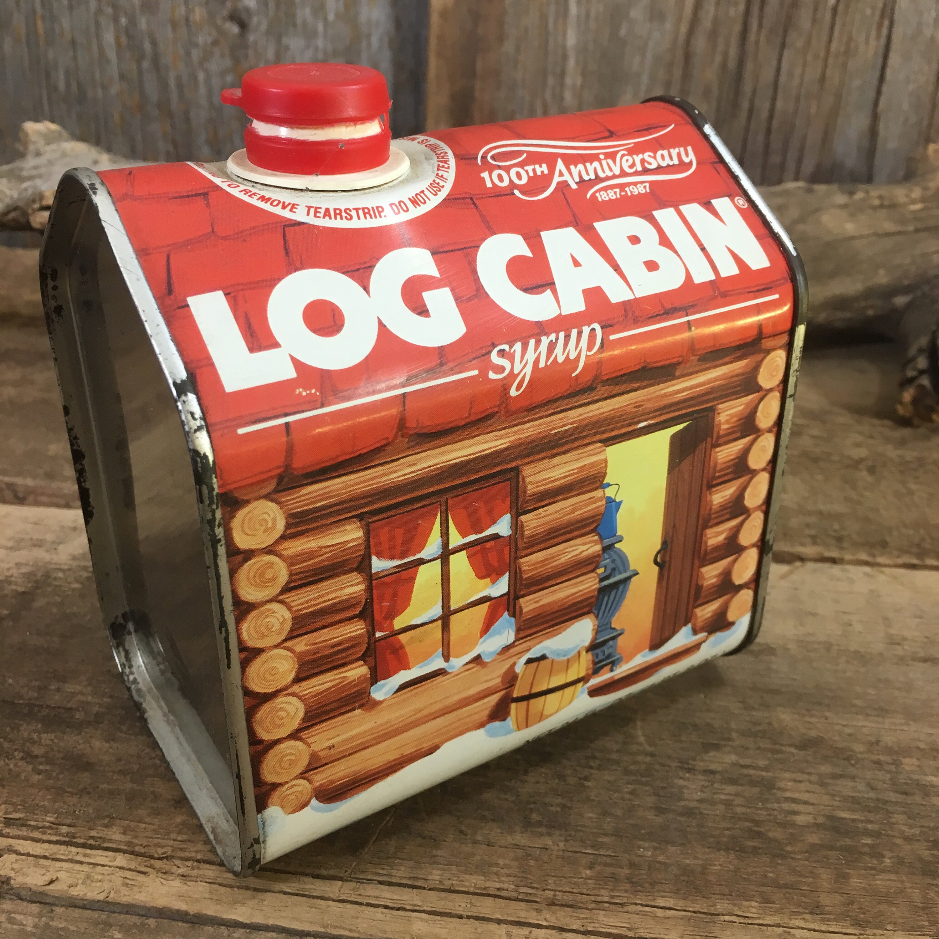Vintage Log Cabin 100th Anniversary tin Log Cabin decor Vintage Log Cabin 100th Anniversary tin Log Cabin decor