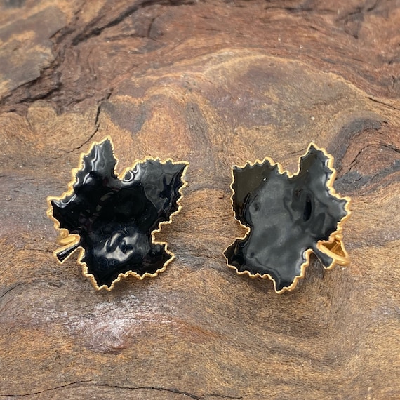 Beautiful Black Enamel Maple Leaf Clip On Earrings