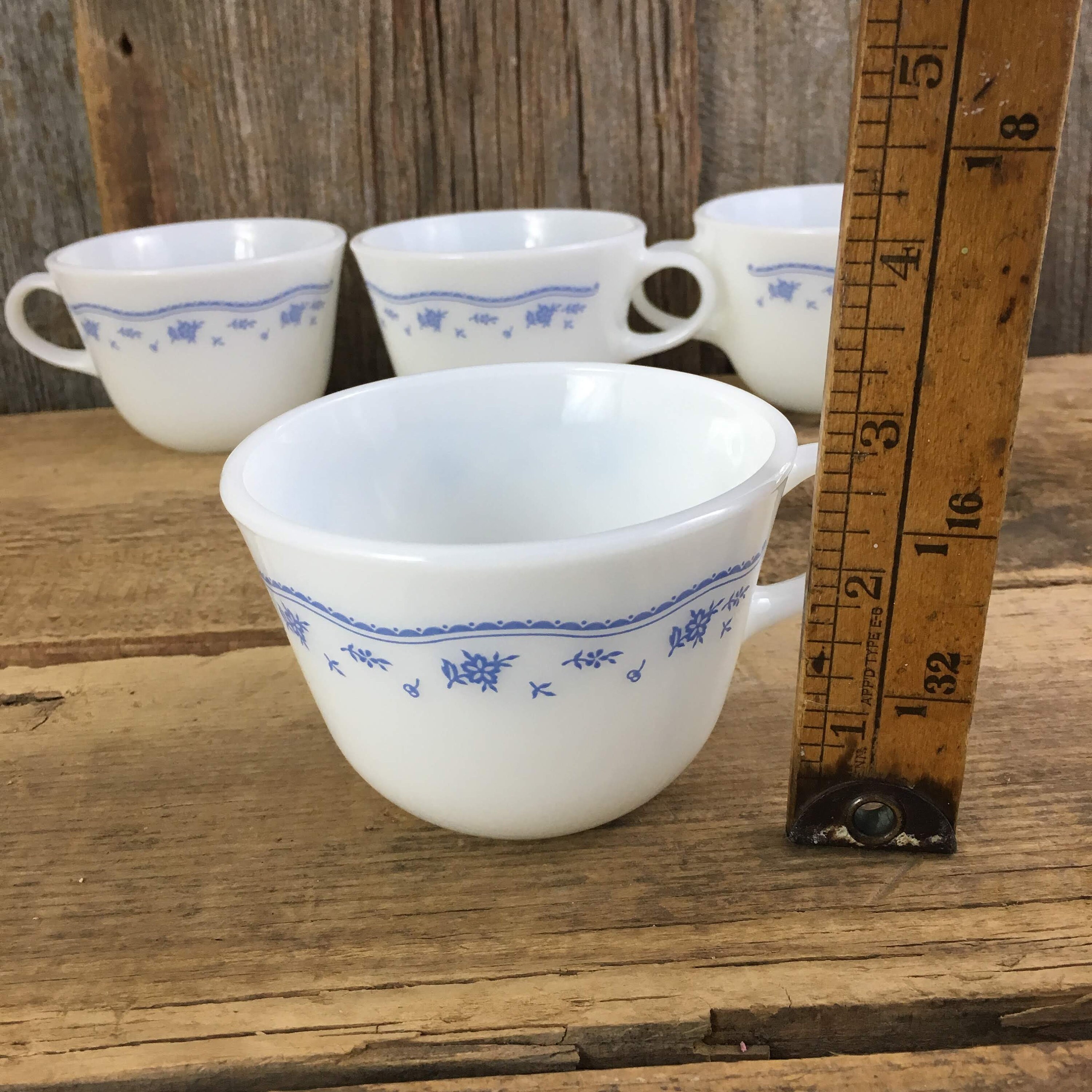 Vintage Pyrex coffee cups, morning blue Pyrex coffee cups