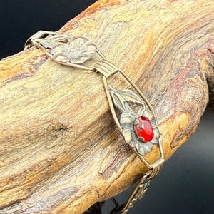Vintage Providence Stock Co Sterling 12K GF Floral Bracelet Red Stone As Is