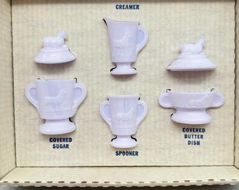 Boyd Glass Lamb Mini Set White/Lavender Slag Creamer Sugar Butter Dish Complete