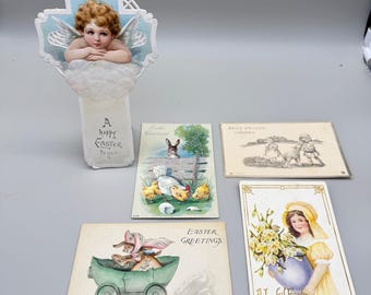 Antique Easter Postcard Lot Die Cut Cherub Cross 1913 Nebraska Postmark Set of 5