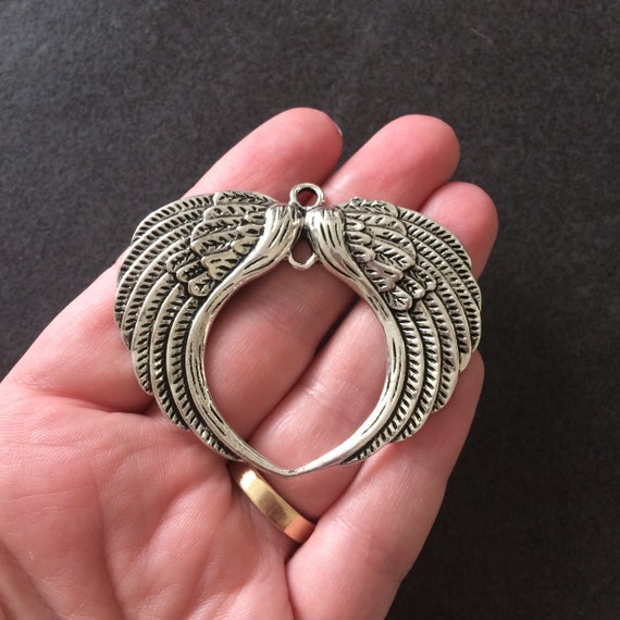 2 x LARGE ANTIQUE SILVER COLOUR ANGEL WING PENDANT CHARM PENDANT 59mm x 16mm