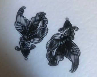 6 x Black Goldfish Charms, Jewellery Making Supplies, Perfect For Earrings, Filigree Goldfish.