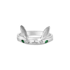 Cute Silver Bunny Ring With Emeralds.