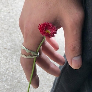 Puede incluir: Un anillo de plata con un diseño de borde dentado, usado en un dedo que sostiene una sola margarita roja.