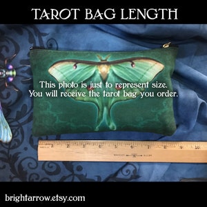 May include: Green tarot bag with a moth design. The bag is 7 inches long. "This photo is just to represent size. You will receive the tarot bag you order."