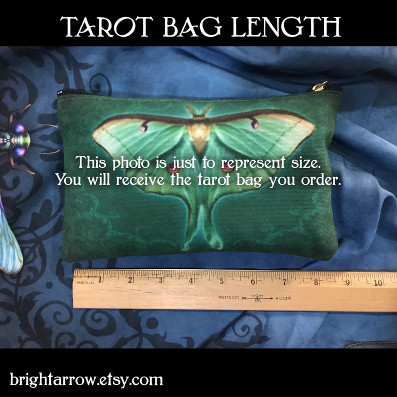 May include: Green tarot bag with a moth design. The bag is 7 inches long. "This photo is just to represent size. You will receive the tarot bag you order."