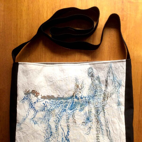 Unique handpainted natural white and black cotton shoulder bag