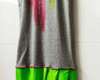 Vestido de algodón color gris y verde lima pintado a mano única original Cascada