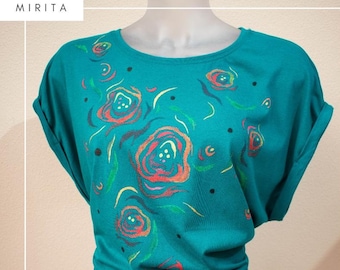 Camiseta de algodón azul verde pintada a mano Única en su tipo