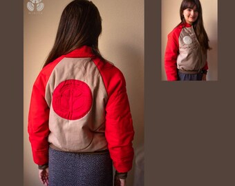 Chaqueta bomber marrón y roja hecha artesanalmente única