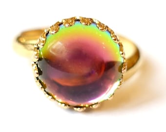 Special vintage ring iridescent Iridis pink green gold bohemia glass 12mm genuine gold plated handmade glass stone 1970s handmade in cologne