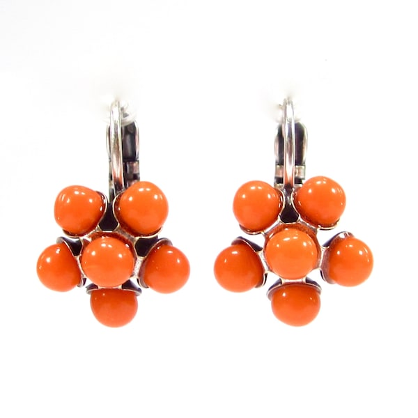 SoHo® Ohrringe Orange Blümchen altsilber Strass Ohrhänger Blume 70er Jahre 70s Style made in cologne germany