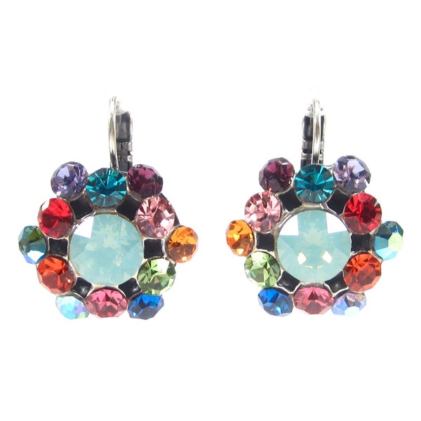 SoHo® colorful flower earrings cut crystals multicolor rhinestone earrings collapsed antique silver handmade in cologne