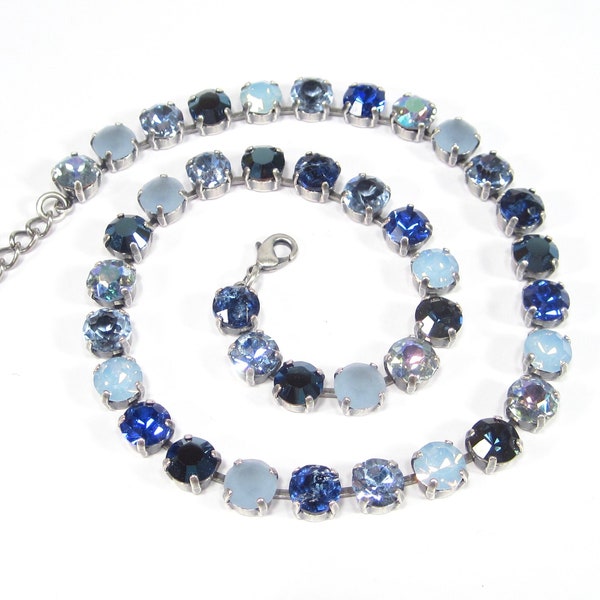 SoHo® blaue strass Kette, vintage bohemia glass stones light sapphire blau, böhmische Glassteine 60er Jahre, handmade in cologne germany