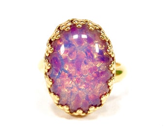 Fire opal gold red ring adjustable size opal oval handmade glass stone 1960s fire opal handmade in cologne