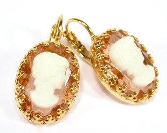 Wonderful Gablonzer gem earrings earrings white pink transparent real gold plated gold vintage glass gem cameo 1960 handmade in cologne