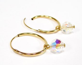 Sparkling gold hoop earrings with crystal rhinestone pendant glass 18ct gold plated earrings pendant made in Germany 1970