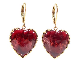 LOVE heart earrings gold red earrings bohemia glass vintage 1960s handmade handmade glass stones