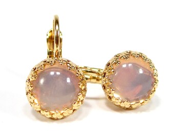 Small rose opal gold earrings bohemia glass 1960s handmade glass stones crown setting gold plated handmade in cologne germany