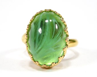 Beautiful unique gold green ring adjustable in size oval handmade glass stone Vintage glass handmade in cologne