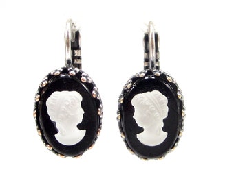 Unique Gablonzer gem earrings black matt white vintage glass gem cameo retro earrings 1960 years handmade in cologne