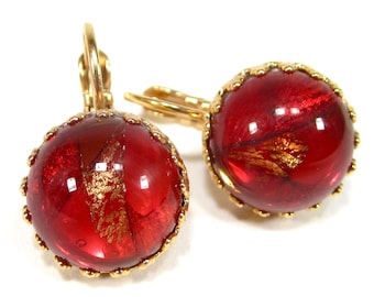 Elegant red gold dangle earrings bohemia glass 1960s fireopal handmade glass stones crown setting gold-plated handmade in cologne