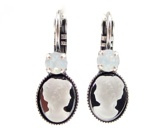 Discreet earrings matt white black gem cameo women head earrings, cut crystals, handmade vintage glass, handmade in cologne germany