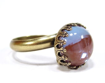 Small sweet sappharine glass ring old gold bronze crown cauldron around 11mm with handmade old sapphire glass stones rose blue opal