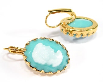 Beautiful Gablonz gemstone earrings blue white real gold plated gold vintage glass cameo 1960 handmade in cologne