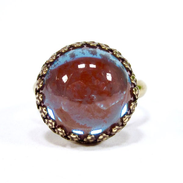 Sappharine glass ring antique gold bronze crown cauldron around 15mm with handmade antique saphiret glass stones rose blue opal