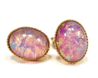 Unique earrings pink fire opal vintage 1960s glass handmade glass stones 8x6mm opal cabochons gold plated handmade in cologne germany