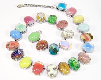 Einzigartiges Buntes Opal Sommer Collier Halskette bohemia 1960er Jahre altsilber handgemachte Glassteine handmade in cologne germany