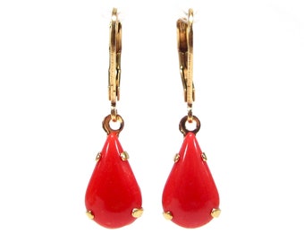 Cherry Red Ohrringe Gold vintage Glas rot tropfen 60er Jahre