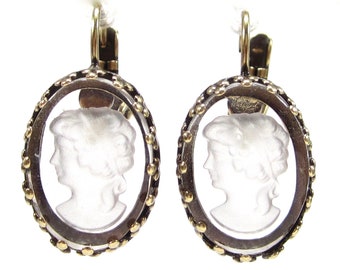 Gablonzer Gemmen earrings transparent white bronze vintage glass Gemme cameo 1960s handmade in cologne