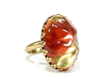 Statement oval ring orange yellow adjustable size bronze handmade glass stone 1960s handmade in cologne