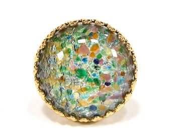 Opal vintage Ring Gold Grün bunt bohemia Glas Cabochon 18 mm fireopal handgemachter böhmischer Glasstein 1960s handmade in cologne
