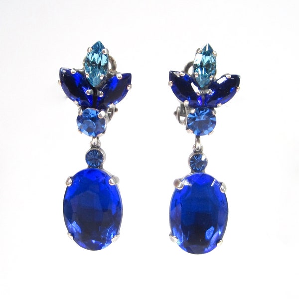 Bright blue ear clips Dark blue earrings Blue navette oval Unique vintage glass stones rhinestones handmade in cologne germany