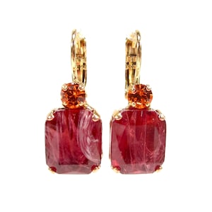 Beautiful gold pink orange earrings Art Deco summer earrings vintage glass rectangle transparent handmade old glass