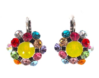 SoHo® bunte Ohrringe, Ohrhänger mit geschliffenen Kristallen yellow opal multicolor strass, Klappbrisur altsilber handmade in cologne