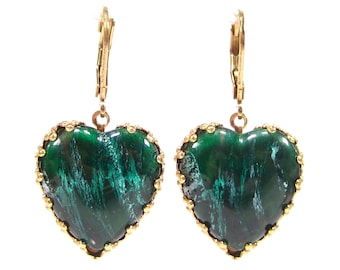 Beautiful heart earrings gold turquoise blue green earrings bohemia glass vintage 1960s handmade glass stones