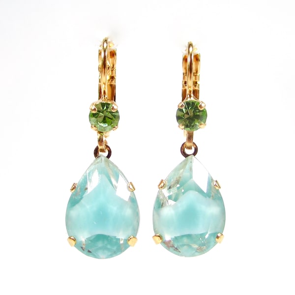 Cute hanging earrings gold blue with vintage glass drops, earrings turquoise green pendant real gold plated handmade old glass